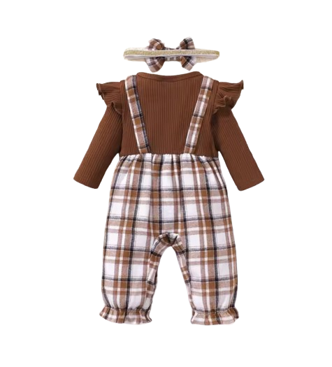 The Fernanda - Infant Baby Girl Plaid Long Sleeve Romper + Headband 2Pcs Cute Daily Outfit