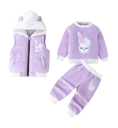 The Emerie - Baby Girl Warm Rabbit Embroidery Jacket + Vest & Pants 3‑Pcs Winter Set