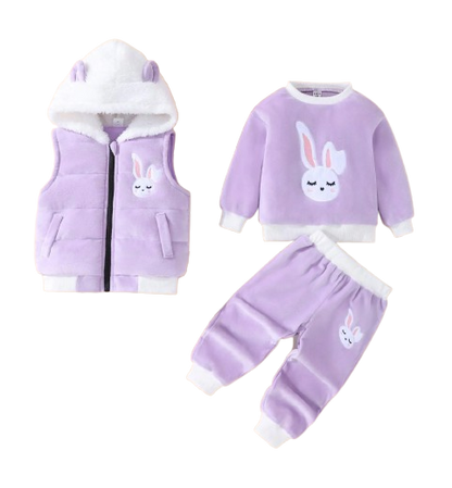 The Emerie - Baby Girl Warm Rabbit Embroidery Jacket + Vest & Pants 3‑Pcs Winter Set