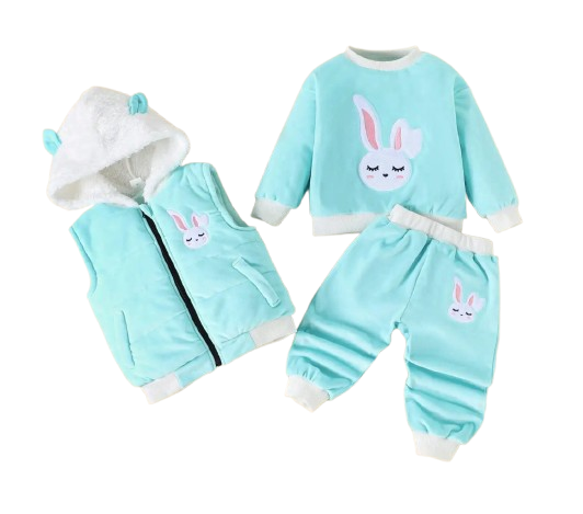 The Emerie - Baby Girl Warm Rabbit Embroidery Jacket + Vest & Pants 3‑Pcs Winter Set