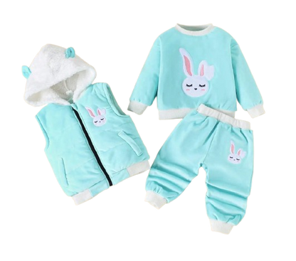 The Emerie - Baby Girl Warm Rabbit Embroidery Jacket + Vest & Pants 3‑Pcs Winter Set
