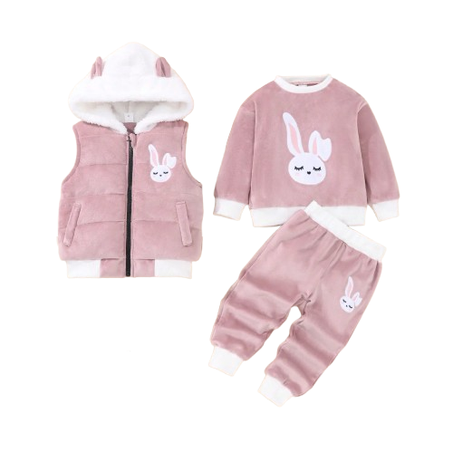 The Emerie - Baby Girl Warm Rabbit Embroidery Jacket + Vest & Pants 3‑Pcs Winter Set