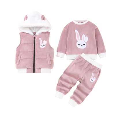 The Emerie - Baby Girl Warm Rabbit Embroidery Jacket + Vest & Pants 3‑Pcs Winter Set