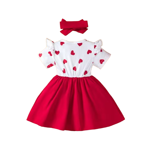 The Amaia - Baby Girl Heart Print Bow Princess Dress + Headband 2Pcs 0‑3Y Summer Party