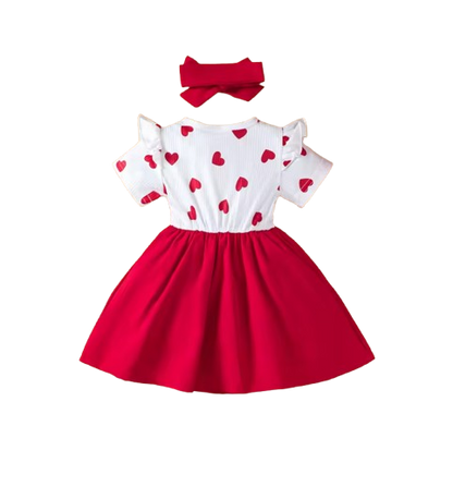 The Amaia - Baby Girl Heart Print Bow Princess Dress + Headband 2Pcs 0‑3Y Summer Party