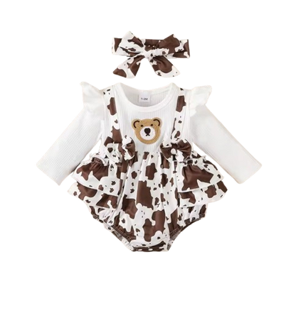 The Stephanie - Baby Girl Brown Floral Dress + Long Sleeve Bodysuit & Headband 3‑Pcs Cute Set