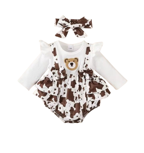 The Stephanie - Baby Girl Brown Floral Dress + Long Sleeve Bodysuit & Headband 3‑Pcs Cute Set