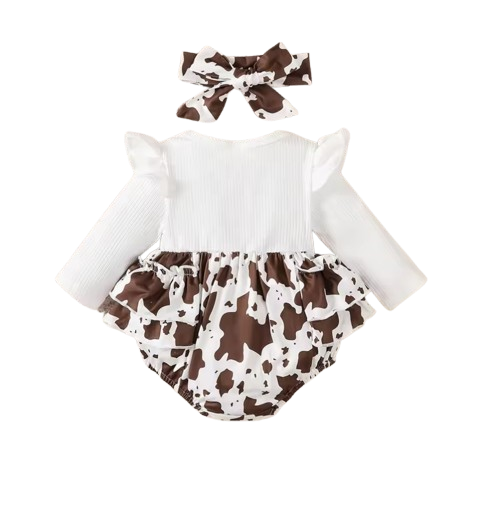 The Stephanie - Baby Girl Brown Floral Dress + Long Sleeve Bodysuit & Headband 3‑Pcs Cute Set