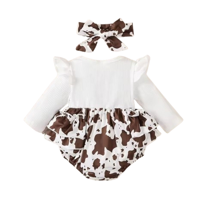 The Stephanie - Baby Girl Brown Floral Dress + Long Sleeve Bodysuit & Headband 3‑Pcs Cute Set