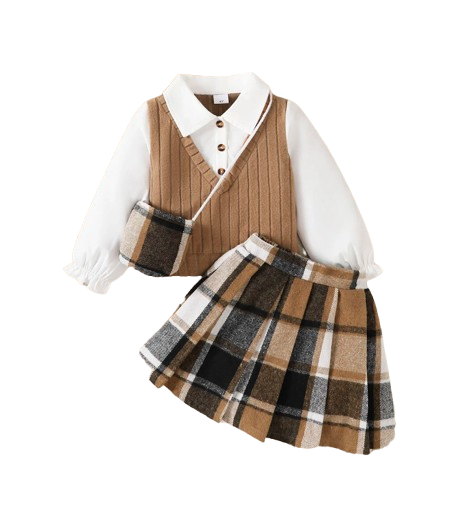 The Jacqueline - Girls College Style Top + Checkered Skirt & Mini Bag 3‑Pcs Set