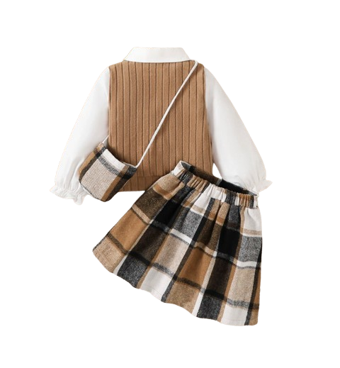 The Jacqueline - Girls College Style Top + Checkered Skirt & Mini Bag 3‑Pcs Set