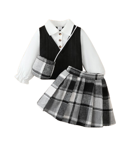 The Jacqueline - Girls College Style Top + Checkered Skirt & Mini Bag 3‑Pcs Set