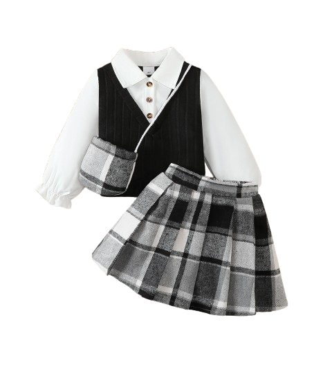 The Jacqueline - Girls College Style Top + Checkered Skirt & Mini Bag 3‑Pcs Set