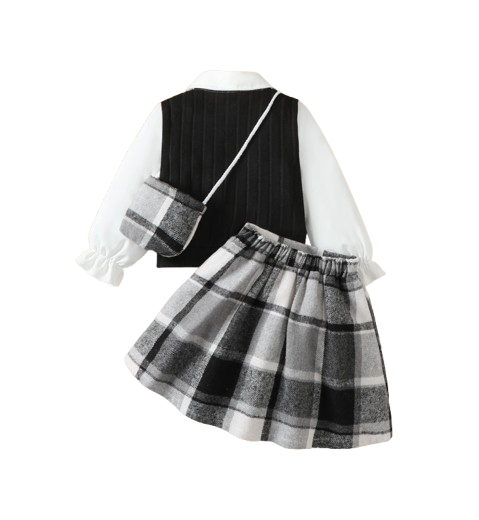 The Jacqueline - Girls College Style Top + Checkered Skirt & Mini Bag 3‑Pcs Set