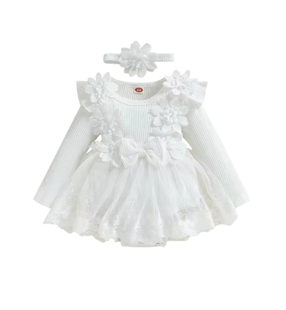 The Lilian - Baby Girl 2‑Piece Outfit Mesh Dress Romper with 3D Flower Bow and Headband
