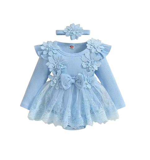 The Lilian - Baby Girl 2‑Piece Outfit Mesh Dress Romper with 3D Flower Bow and Headband