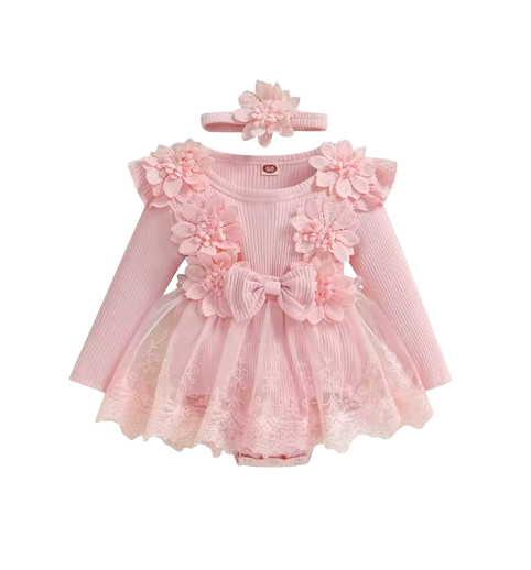 The Lilian - Baby Girl 2‑Piece Outfit Mesh Dress Romper with 3D Flower Bow and Headband