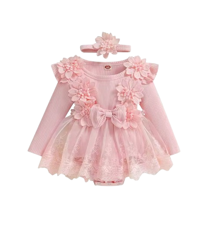 The Lilian - Baby Girl 2‑Piece Outfit Mesh Dress Romper with 3D Flower Bow and Headband