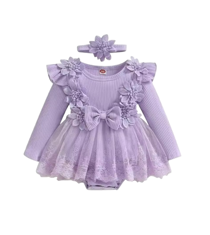 The Lilian - Baby Girl 2‑Piece Outfit Mesh Dress Romper with 3D Flower Bow and Headband