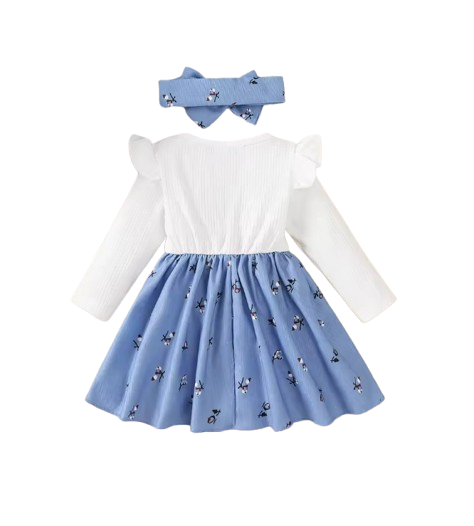 The Nadia - Cute Baby Girl Spring/Autumn Blue Bow Long Sleeve Dress