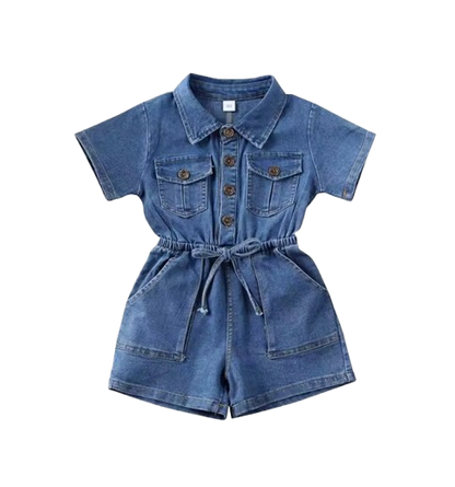 The Amalia - Toddler Baby Girl Denim Romper – Summer Short Sleeve One‑Piece Outfit