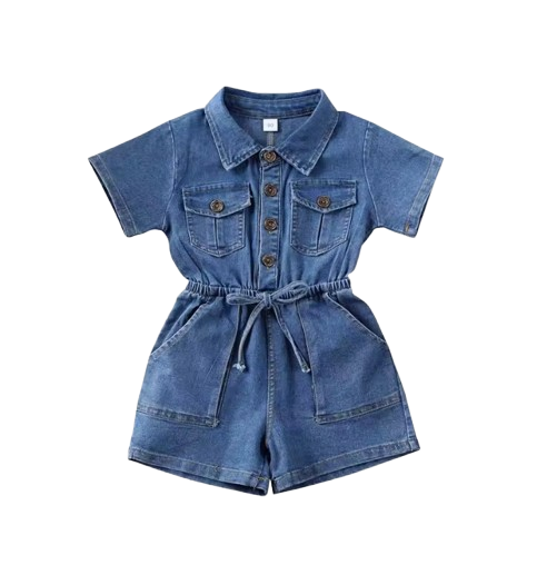 The Amalia - Toddler Baby Girl Denim Romper – Summer Short Sleeve One‑Piece Outfit