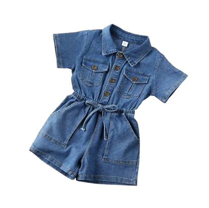 The Amalia - Toddler Baby Girl Denim Romper – Summer Short Sleeve One‑Piece Outfit