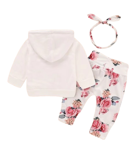 The Courtney - Toddler Baby Girl Floral Print Hooded Top Pant Set with Headband