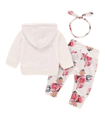 The Courtney - Toddler Baby Girl Floral Print Hooded Top Pant Set with Headband