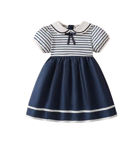 The Ivanna - Girls Navy Striped Sailor Dress with Peter Pan Collar, 2–8Y Summer Cotton