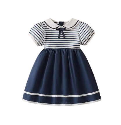 The Ivanna - Girls Navy Striped Sailor Dress with Peter Pan Collar, 2–8Y Summer Cotton