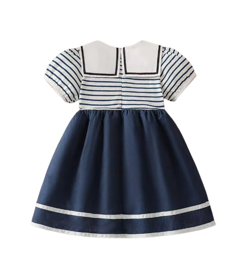 The Ivanna - Girls Navy Striped Sailor Dress with Peter Pan Collar, 2–8Y Summer Cotton