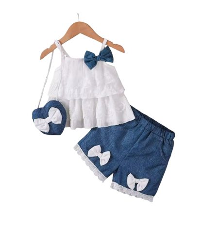 The Makayla - White Lace Ruffle Tank Top & Denim Bow Shorts Set with Bag for Girls 0–2Y