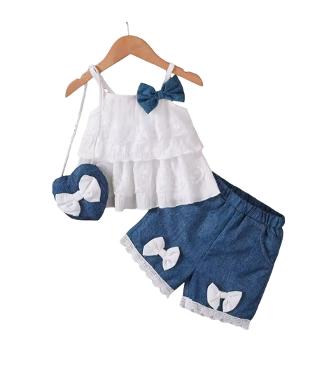 The Makayla - White Lace Ruffle Tank Top & Denim Bow Shorts Set with Bag for Girls 0–2Y