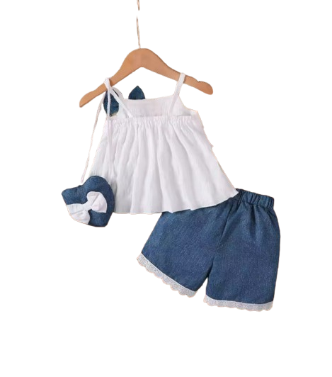 The Makayla - White Lace Ruffle Tank Top & Denim Bow Shorts Set with Bag for Girls 0–2Y