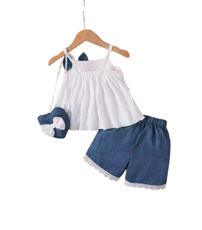 The Makayla - White Lace Ruffle Tank Top & Denim Bow Shorts Set with Bag for Girls 0–2Y