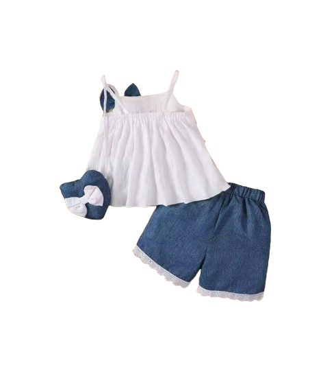 The Makayla - White Lace Ruffle Tank Top & Denim Bow Shorts Set with Bag for Girls 0–2Y