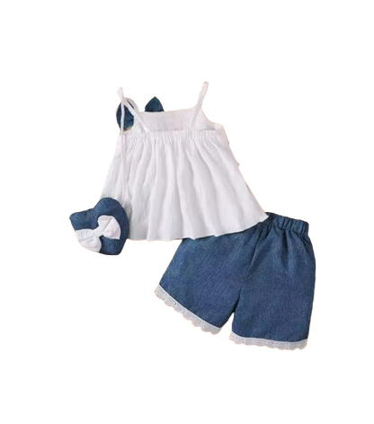 The Makayla - White Lace Ruffle Tank Top & Denim Bow Shorts Set with Bag for Girls 0–2Y