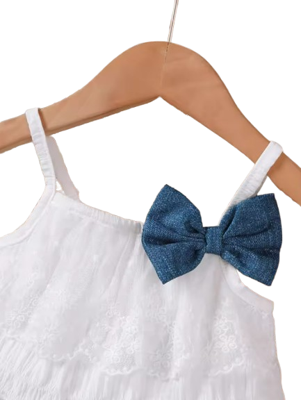 The Makayla - White Lace Ruffle Tank Top & Denim Bow Shorts Set with Bag for Girls 0–2Y