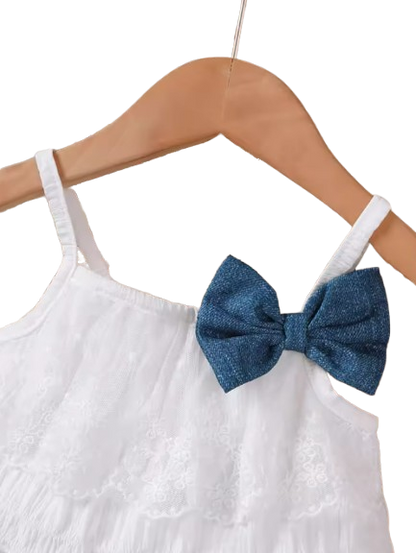 The Makayla - White Lace Ruffle Tank Top & Denim Bow Shorts Set with Bag for Girls 0–2Y