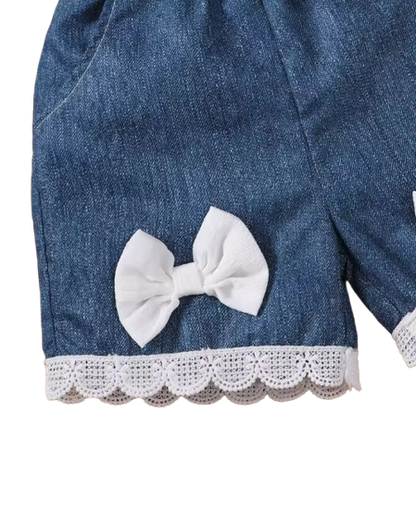 The Makayla - White Lace Ruffle Tank Top & Denim Bow Shorts Set with Bag for Girls 0–2Y