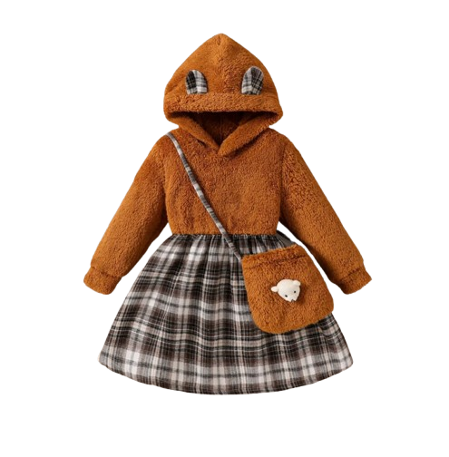 The Lina - Toddler Girls 2PCS Hooded Fleece Dress with Bag Warm Winter Clothing