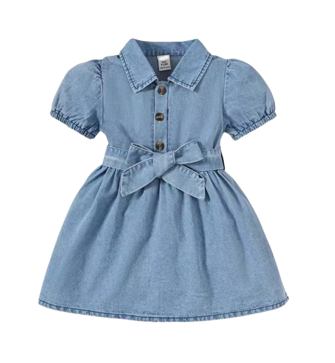 The Estelle - Baby Girl Bubble Sleeve Denim Dress with Belt Summer Birthday Outfit