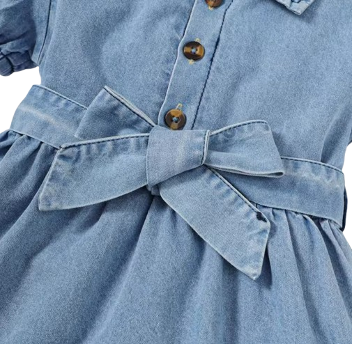The Estelle - Baby Girl Bubble Sleeve Denim Dress with Belt Summer Birthday Outfit
