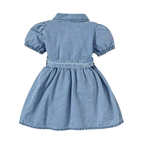 The Estelle - Baby Girl Bubble Sleeve Denim Dress with Belt Summer Birthday Outfit