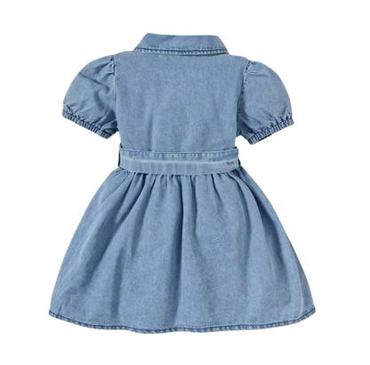 The Estelle - Baby Girl Bubble Sleeve Denim Dress with Belt Summer Birthday Outfit