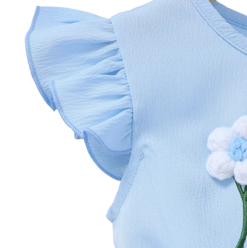 The Cali - Toddler Girls 3PCS Blue Dress with 3D Flower and Pocket Summer Outfit