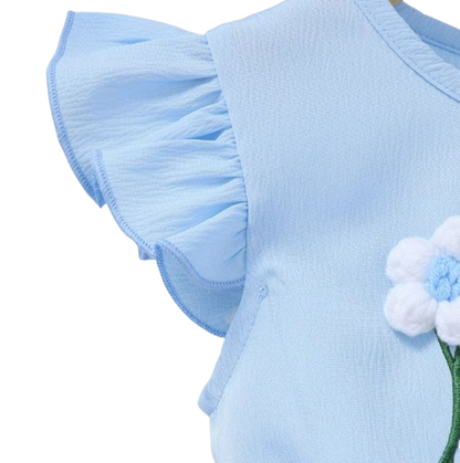 The Cali - Toddler Girls 3PCS Blue Dress with 3D Flower and Pocket Summer Outfit