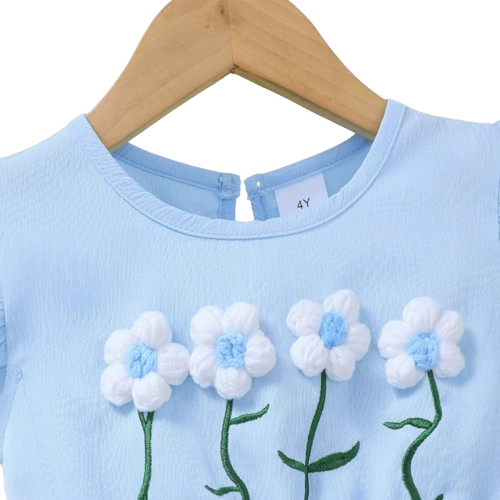 The Cali - Toddler Girls 3PCS Blue Dress with 3D Flower and Pocket Summer Outfit
