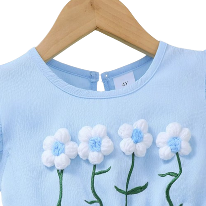The Cali - Toddler Girls 3PCS Blue Dress with 3D Flower and Pocket Summer Outfit